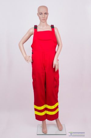 Red ambulance trouser with two yellow high visible reflective stripes