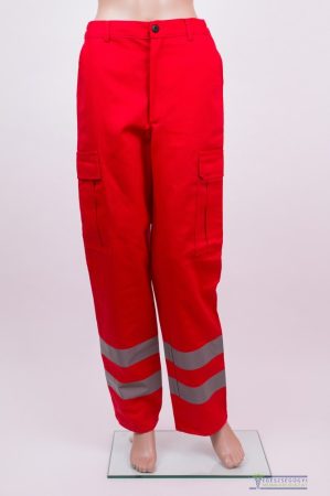 Red ambulance trouser with two grey high visible reflective stripes